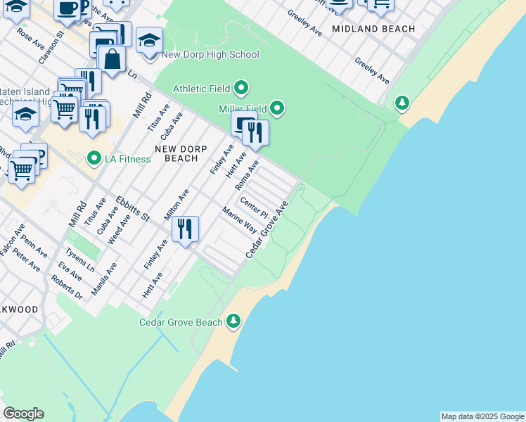 map of restaurants, bars, coffee shops, grocery stores, and more near 47 Center Place in Staten Island