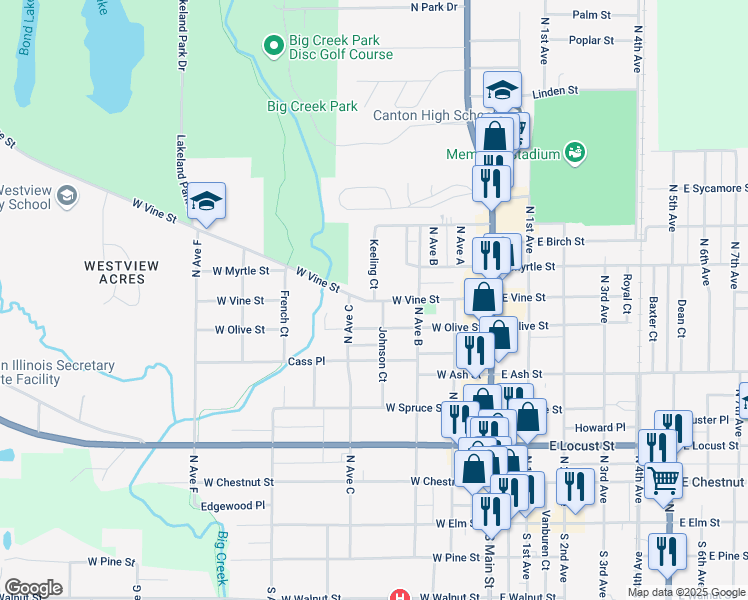 map of restaurants, bars, coffee shops, grocery stores, and more near 600 Keeling Court in Canton