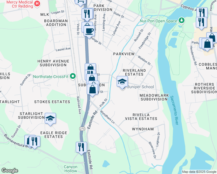 map of restaurants, bars, coffee shops, grocery stores, and more near Polk Street in Redding
