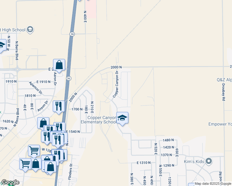 map of restaurants, bars, coffee shops, grocery stores, and more near 1278 Copper Canyon Drive in Tooele