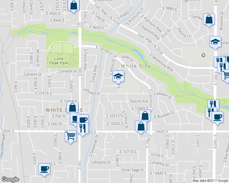map of restaurants, bars, coffee shops, grocery stores, and more near 845 Larkspur Drive in Sandy