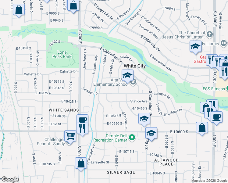 map of restaurants, bars, coffee shops, grocery stores, and more near 845 Larkspur Drive in Sandy
