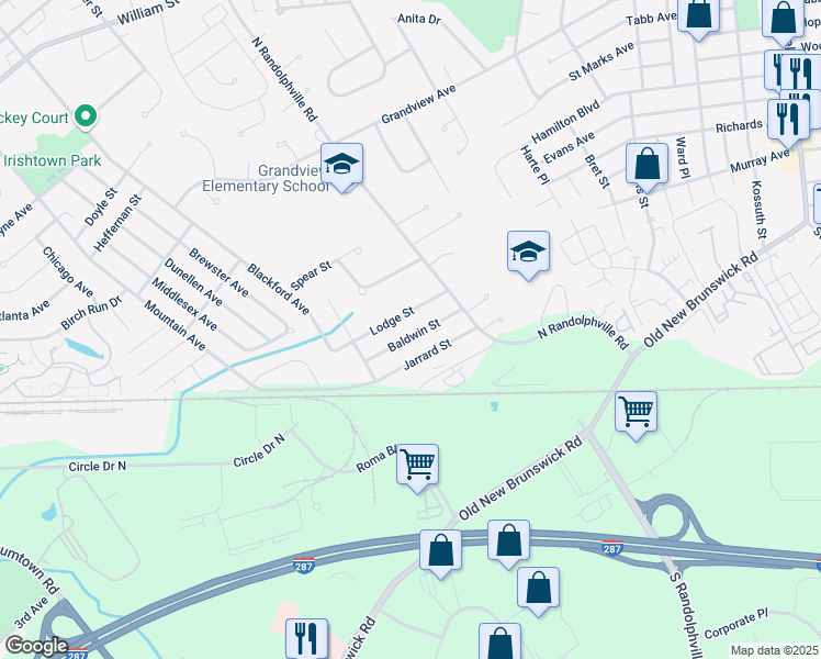 map of restaurants, bars, coffee shops, grocery stores, and more near 421 Baldwin Street in Piscataway