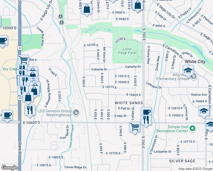 map of restaurants, bars, coffee shops, grocery stores, and more near 489 East 10375 South in Sandy