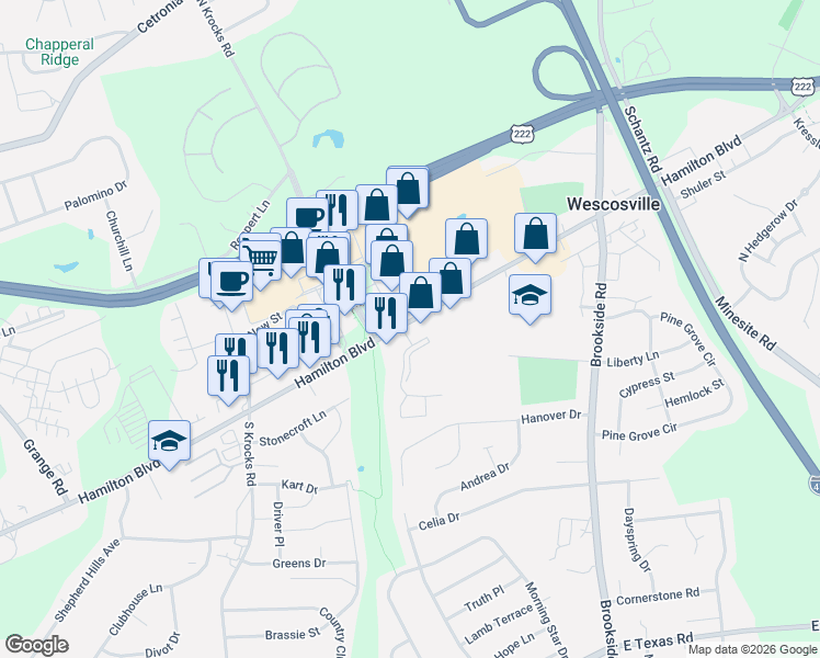 map of restaurants, bars, coffee shops, grocery stores, and more near 5330 Hamilton Boulevard in Wescosville