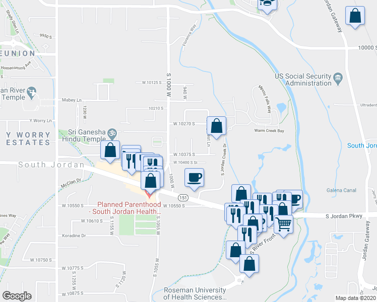 map of restaurants, bars, coffee shops, grocery stores, and more near 10360 Legacy Cove in South Jordan
