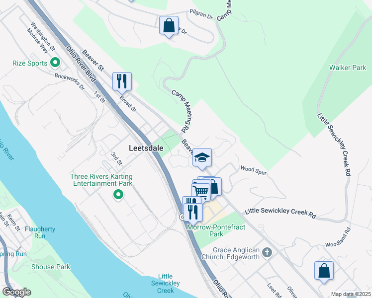 map of restaurants, bars, coffee shops, grocery stores, and more near 539 Beaver Street in Leetsdale