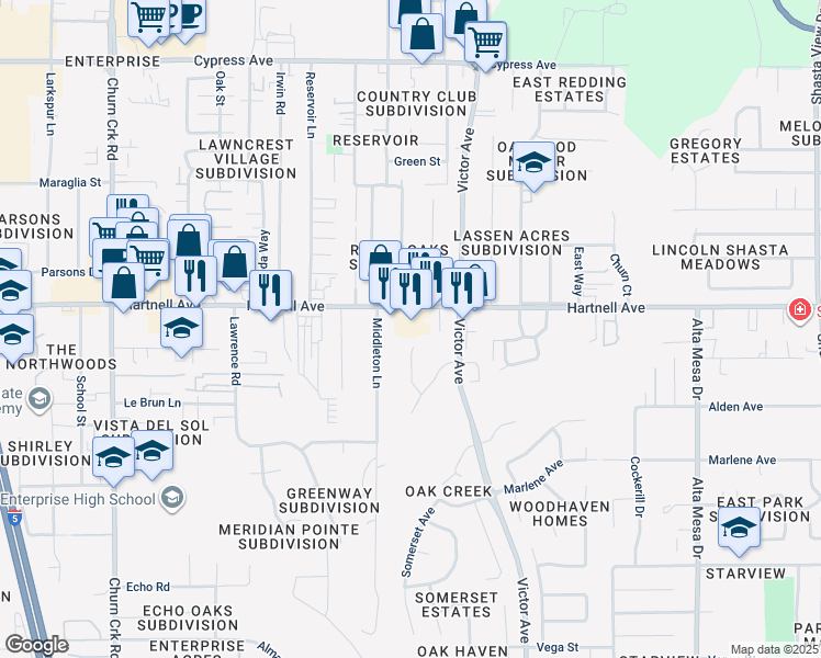 map of restaurants, bars, coffee shops, grocery stores, and more near 1647 Hartnell Avenue in Redding