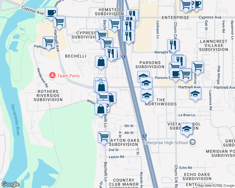 map of restaurants, bars, coffee shops, grocery stores, and more near 585 Hartnell Avenue in Redding