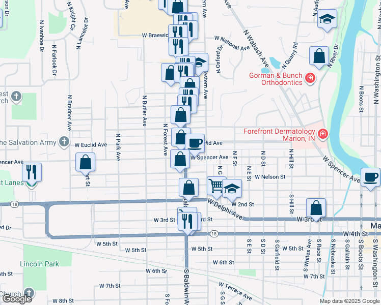 map of restaurants, bars, coffee shops, grocery stores, and more near 1328 West Spencer Avenue in Marion