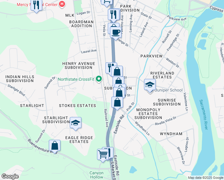 map of restaurants, bars, coffee shops, grocery stores, and more near 3460 South Market Street in Redding