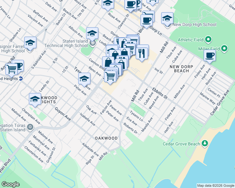 map of restaurants, bars, coffee shops, grocery stores, and more near 655 Tysens Lane in Staten Island