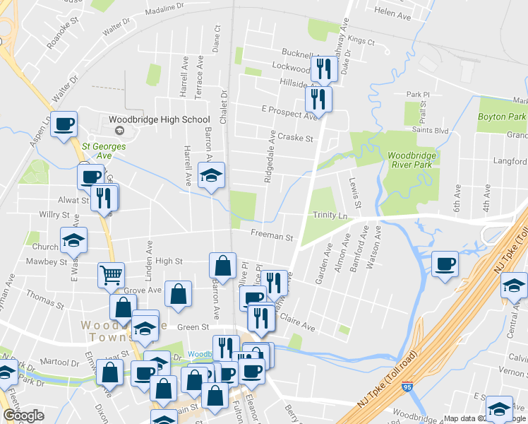 map of restaurants, bars, coffee shops, grocery stores, and more near 642 Ridgedale Avenue in Woodbridge Township