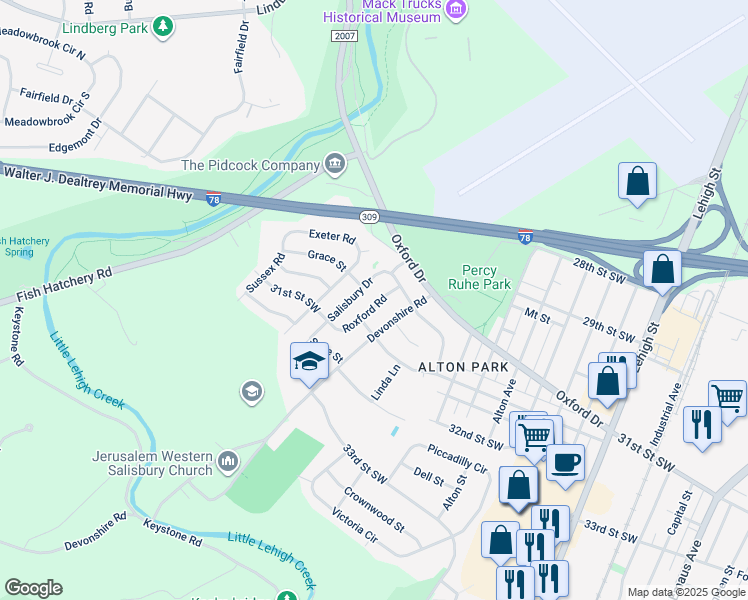 map of restaurants, bars, coffee shops, grocery stores, and more near 3055 Roxford Road in Allentown