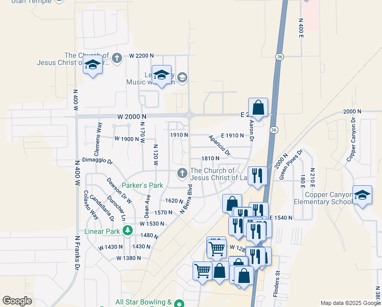 map of restaurants, bars, coffee shops, grocery stores, and more near 1837 North Berra Boulevard in Tooele