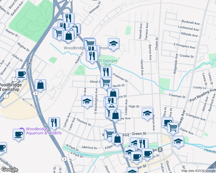 map of restaurants, bars, coffee shops, grocery stores, and more near 662 Amboy Avenue in Woodbridge Township