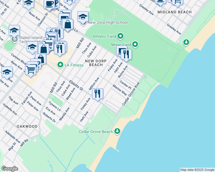 map of restaurants, bars, coffee shops, grocery stores, and more near 114 Hett Avenue in Staten Island