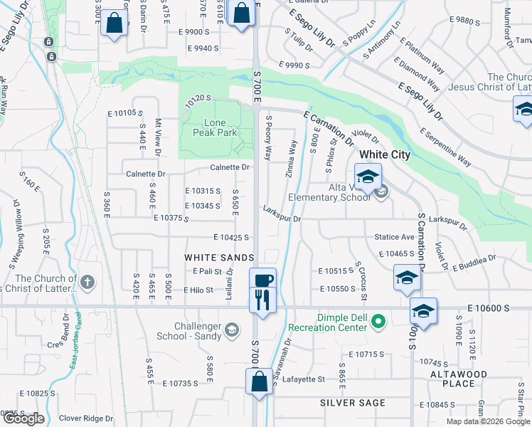 map of restaurants, bars, coffee shops, grocery stores, and more near 722 Larkspur Dr in Sandy