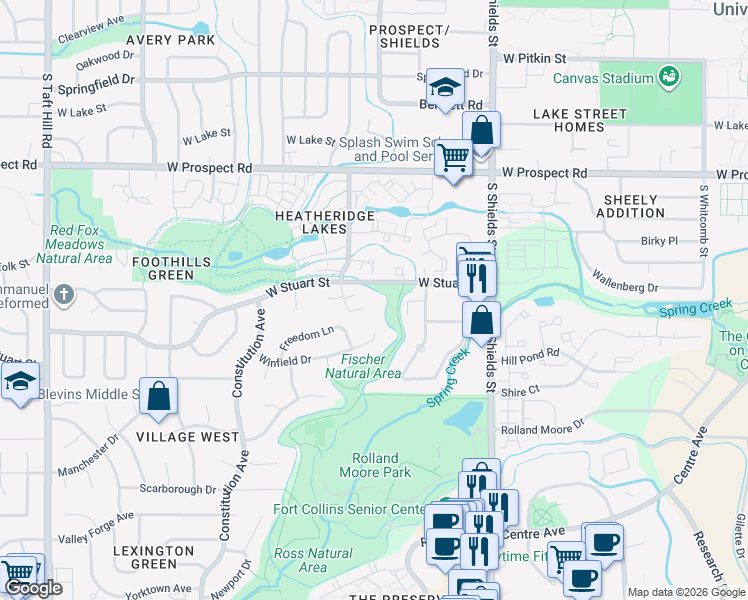map of restaurants, bars, coffee shops, grocery stores, and more near 1336 Woodcrest Court in Fort Collins