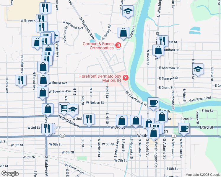 map of restaurants, bars, coffee shops, grocery stores, and more near 616 West Spencer Avenue in Marion