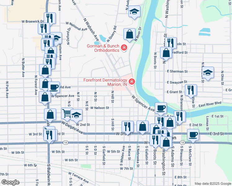 map of restaurants, bars, coffee shops, grocery stores, and more near 616 W Spencer Ave in Marion