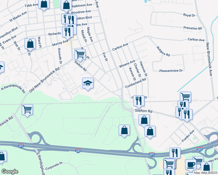 map of restaurants, bars, coffee shops, grocery stores, and more near 387 Stelton Road in Piscataway