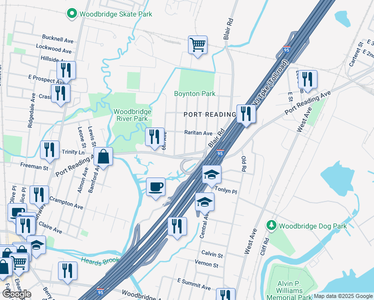 map of restaurants, bars, coffee shops, grocery stores, and more near 237 Port Reading Avenue in Woodbridge Township