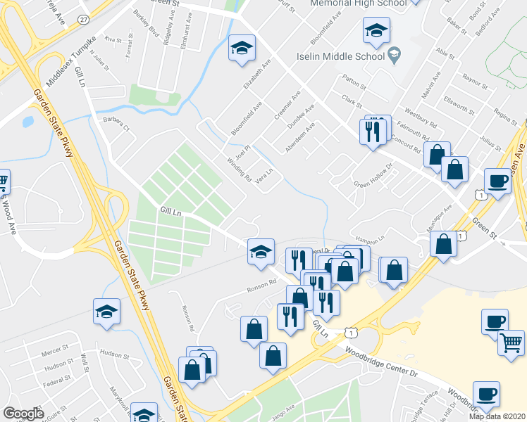 map of restaurants, bars, coffee shops, grocery stores, and more near 323 Gill Lane in Woodbridge Township