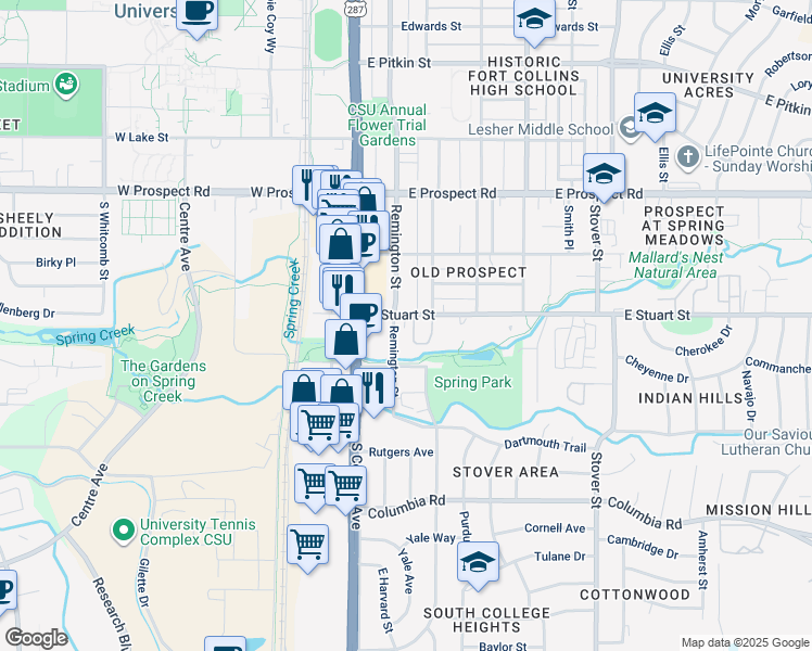 map of restaurants, bars, coffee shops, grocery stores, and more near 1808 Remington Street in Fort Collins
