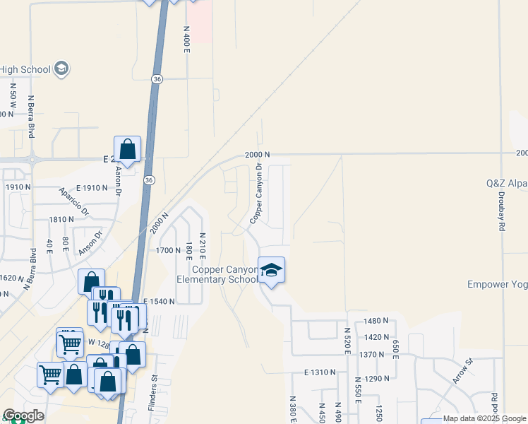 map of restaurants, bars, coffee shops, grocery stores, and more near 1807 Copper Canyon Drive in Tooele