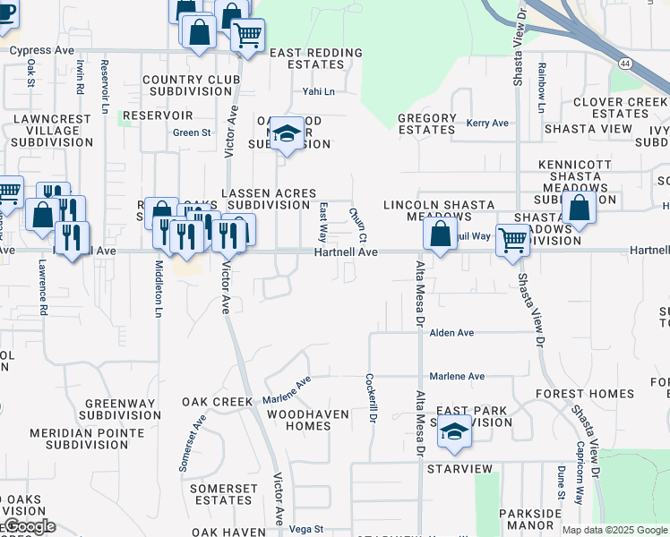 map of restaurants, bars, coffee shops, grocery stores, and more near 1999 Hartnell Avenue in Redding