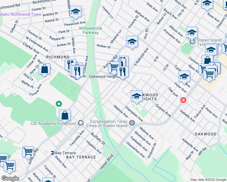map of restaurants, bars, coffee shops, grocery stores, and more near 1935 South Railroad Avenue in Staten Island
