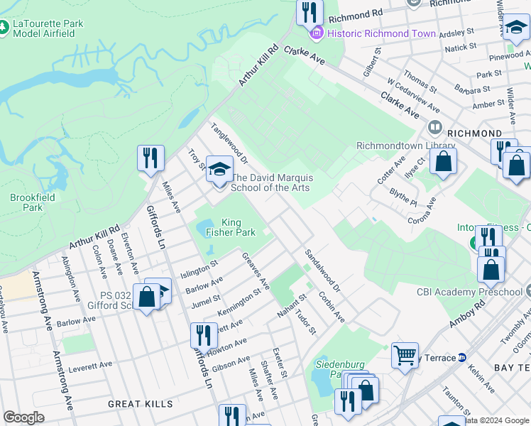 map of restaurants, bars, coffee shops, grocery stores, and more near 29 Country Woods Lane in Staten Island