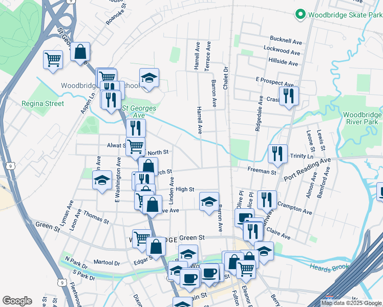 map of restaurants, bars, coffee shops, grocery stores, and more near 154 Freeman Street in Woodbridge Township