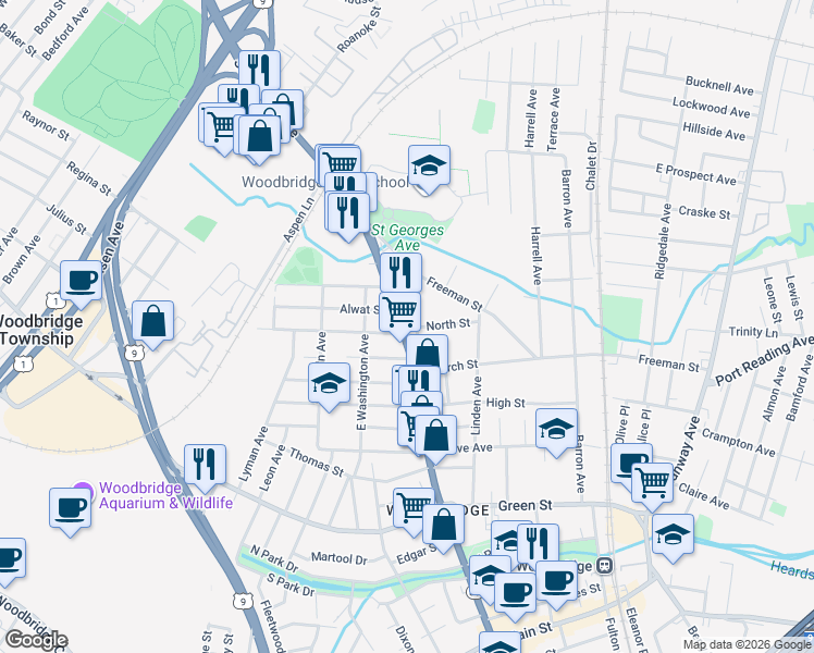 map of restaurants, bars, coffee shops, grocery stores, and more near 662 Amboy Avenue in Woodbridge Township
