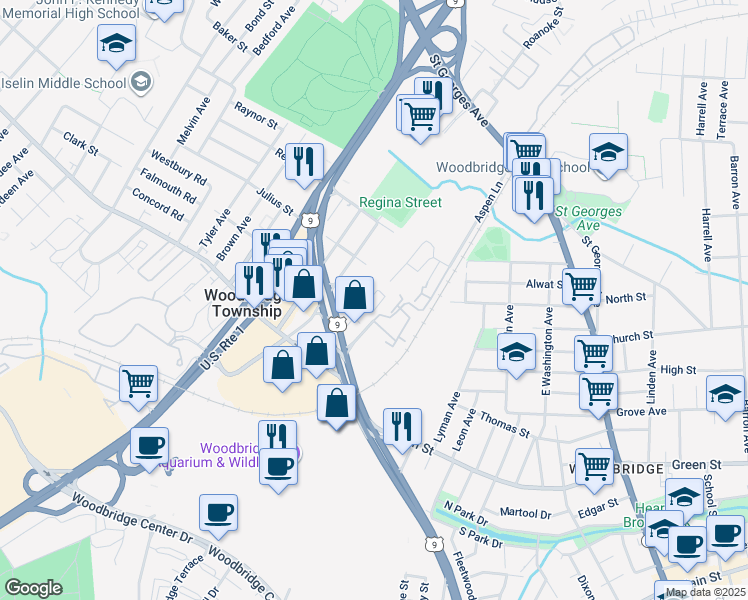 map of restaurants, bars, coffee shops, grocery stores, and more near 203 Michaels Court in Woodbridge Township