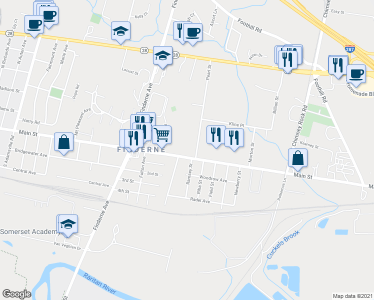 map of restaurants, bars, coffee shops, grocery stores, and more near 657 East Main Street in Bridgewater Township
