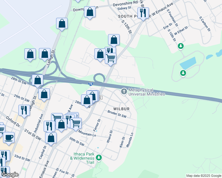 map of restaurants, bars, coffee shops, grocery stores, and more near 2417 26th Street Southwest in Allentown