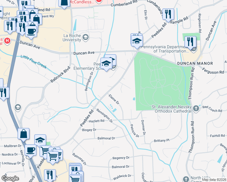 map of restaurants, bars, coffee shops, grocery stores, and more near 8468 Peebles Road in Pittsburgh