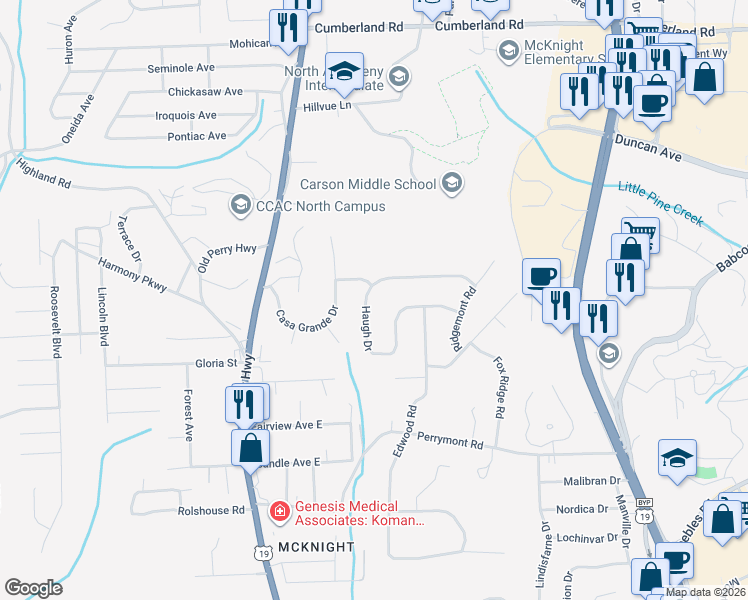 map of restaurants, bars, coffee shops, grocery stores, and more near 291 Haugh Drive in Pittsburgh
