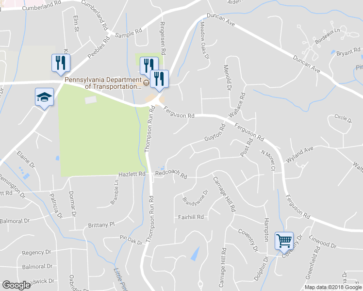 map of restaurants, bars, coffee shops, grocery stores, and more near 1711 Guyton Road in McCandless