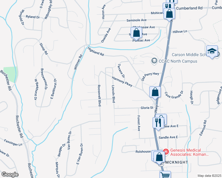 map of restaurants, bars, coffee shops, grocery stores, and more near 8751 Lincoln Boulevard in Pittsburgh