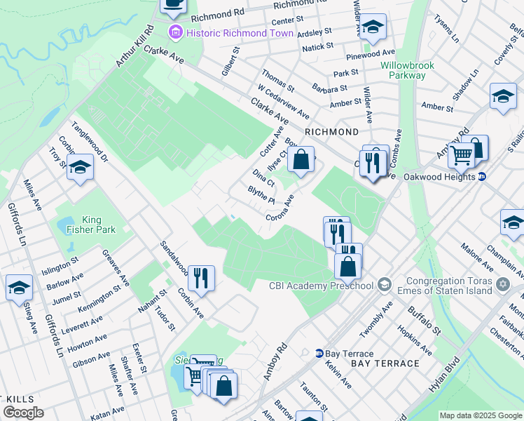 map of restaurants, bars, coffee shops, grocery stores, and more near 15 Elk Court in Staten Island