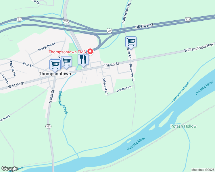 map of restaurants, bars, coffee shops, grocery stores, and more near 19 Texs Park Drive in Thompsontown