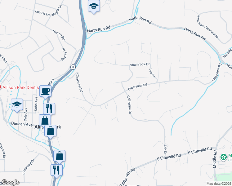 map of restaurants, bars, coffee shops, grocery stores, and more near 2791 Clearview Road in Hampton Township