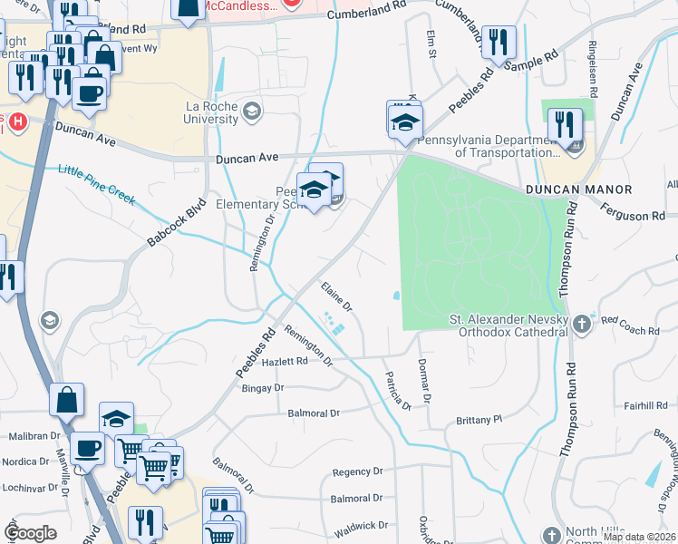 map of restaurants, bars, coffee shops, grocery stores, and more near 8468 Peebles Road in Pittsburgh