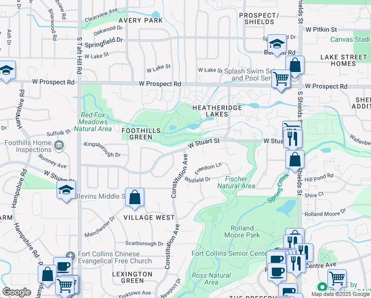 map of restaurants, bars, coffee shops, grocery stores, and more near West Stuart Street in Fort Collins