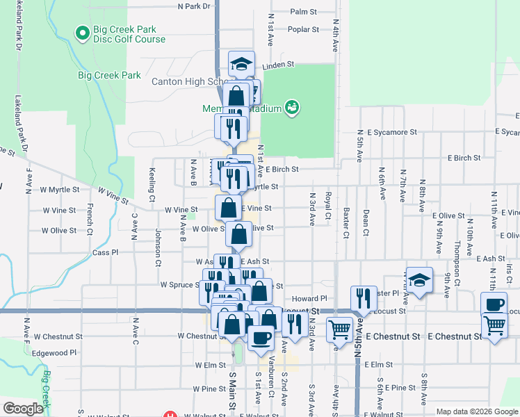 map of restaurants, bars, coffee shops, grocery stores, and more near 100 East Vine Street in Canton