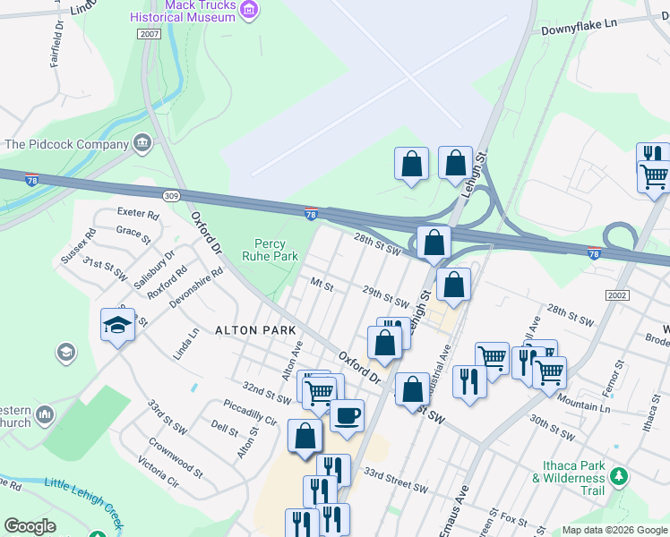 map of restaurants, bars, coffee shops, grocery stores, and more near 1835 29th Street Southwest in Allentown
