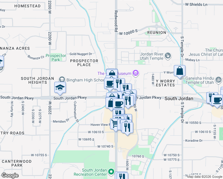 map of restaurants, bars, coffee shops, grocery stores, and more near 10358 South Redwood Road in South Jordan